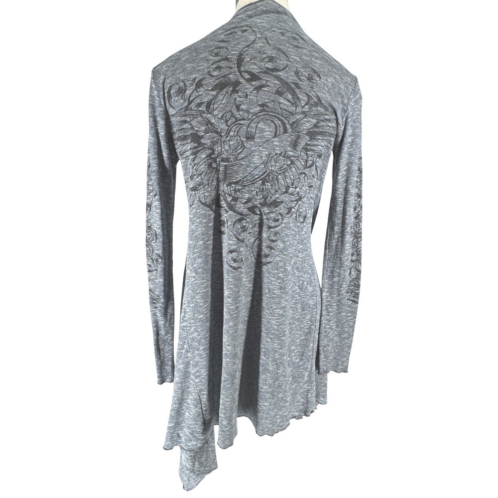Vintage Y2K Grey Space Dye Graphic Print Open Draped Cardigan Handkerchief Hem